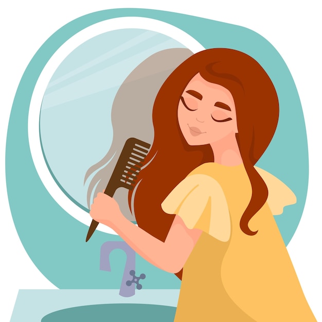 Linda garota penteando o cabelo comprido perto do espelho no banheiro. Conceito de beleza, cuidados com os cabelos, saúde do cabelo