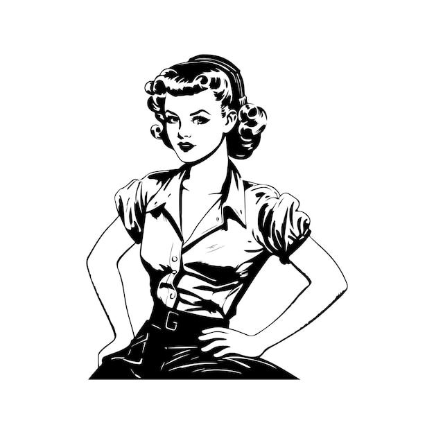 Vetor linda garota pin-up logo vintage conceito de arte de linha cor preto e branco ilustração desenhada à mão