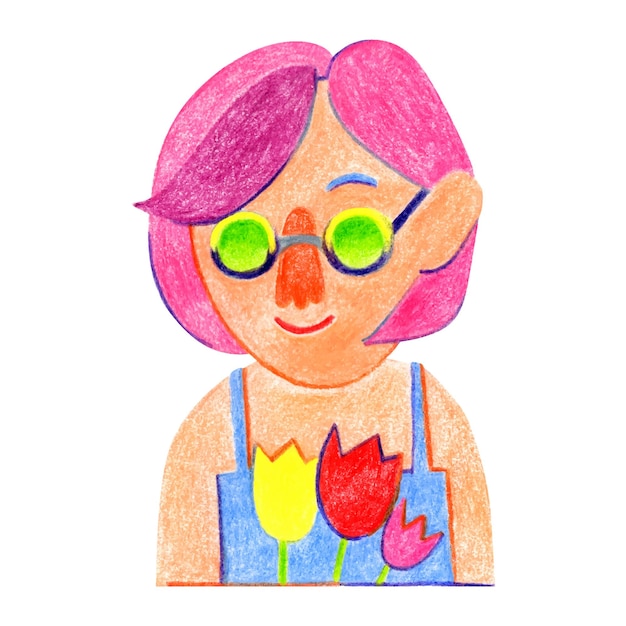 Vetor linda garota primavera em óculos de sol com um buquê de tulipas coloridas uma mulher com cabelo rosa personagem de desenho animado ilustração a lápis desenhada à mão em um fundo branco isolado para cartões design de camiseta