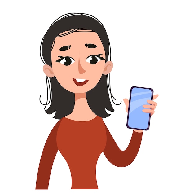 Vetor linda garota segurando um telefone na mão retrato da cintura alta em um fundo branco