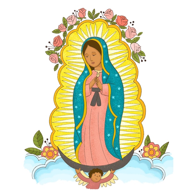 Vetor linda garota senhora mary guadalupe com designe floral