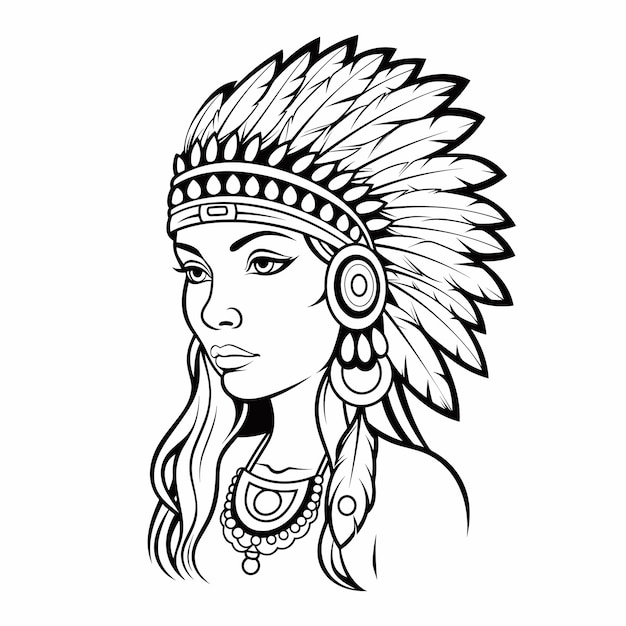 Linda garota usando ilustração desenhada à mão com cabeça de chefe indiano