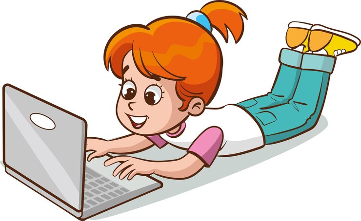 Vetor linda garota usando laptop e sentado no chão ilustração vetorial plana
