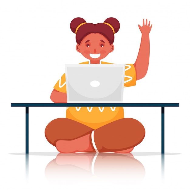 Vetor linda garota usando laptop na mesa com gesto de olá no fundo branco.