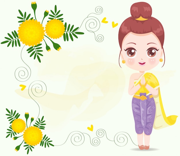 Vetor linda garota usando vestido amarelo tailandês