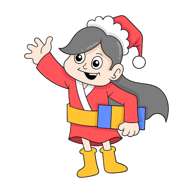 Linda garota vestindo roupas de papai noel trazendo presentes de natal doodle imagem de ícone kawaii