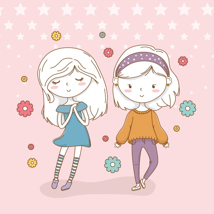 Vetor linda garotinha casal com cores pastel e flores