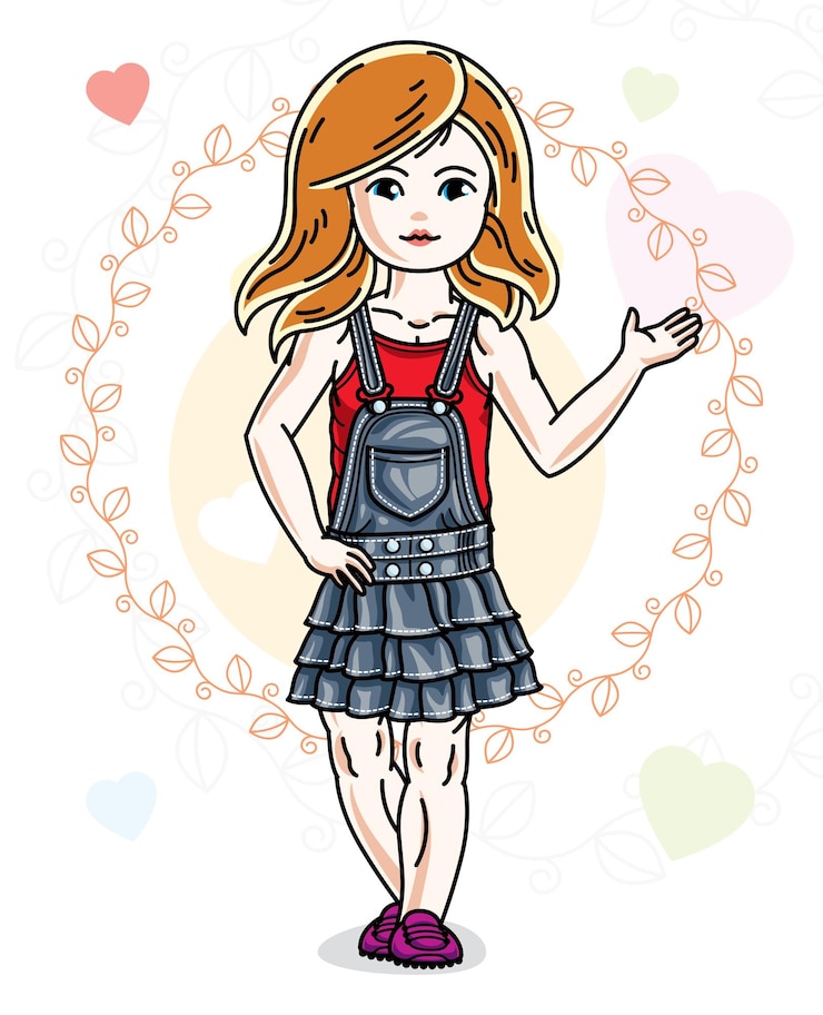 Vetor linda garotinha ruiva posando em pano de fundo colorido com corações românticos. ilustração em vetor criança.