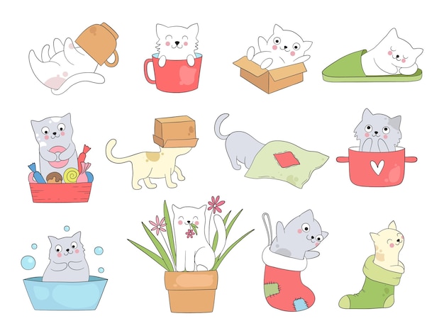 A coleção de gatinhos fofos fofos joga ou dorme. vector felino fofo, jogo  de gato engraçado e relaxante, adorável ilustração de animal de estimação