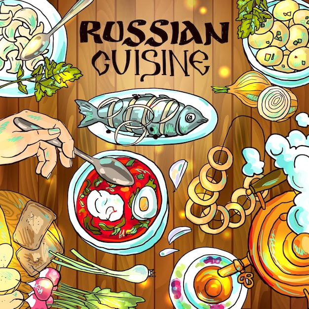 Linda ilustração de comida desenhada à mão cozinha russa vista superior