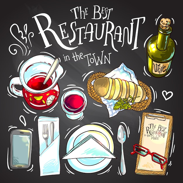 Vetor linda ilustração desenhada à mão vista superior de comida de restaurante