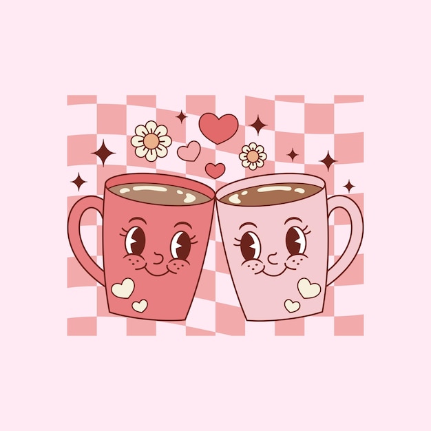 Vetor linda ilustração retrô de duas xícaras de café como um casal para amantes de café e amantes apaixonados