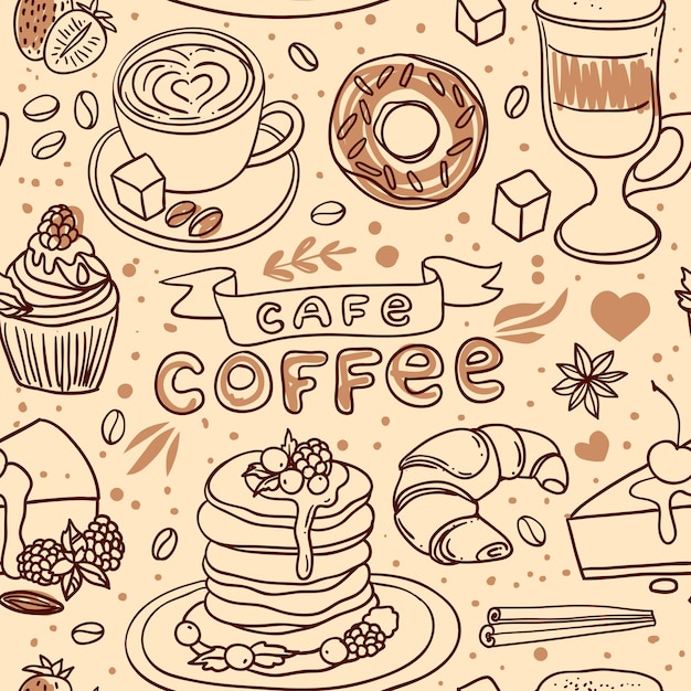 Linda ilustração vetorial desenhada à mão café e doces estilo doodle