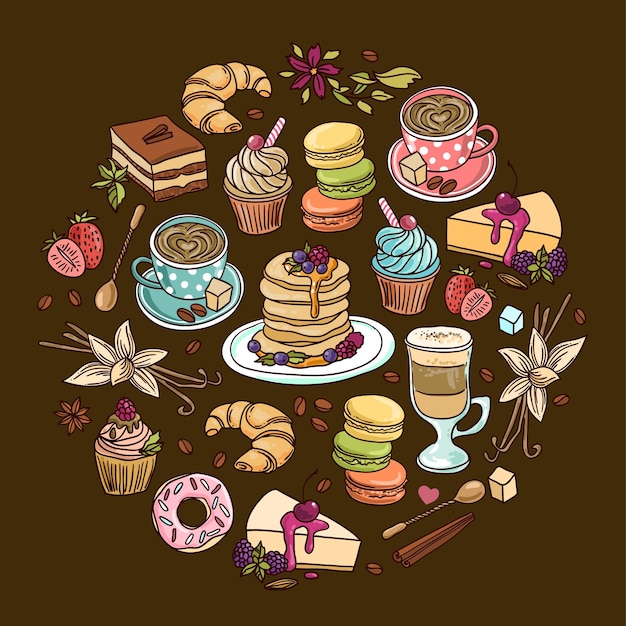 Linda ilustração vetorial desenhada à mão café e doces