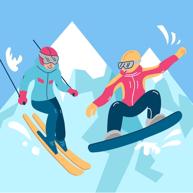 Linda ilustração vetorial plana atividades de esportes de inverno esqui e snownoard