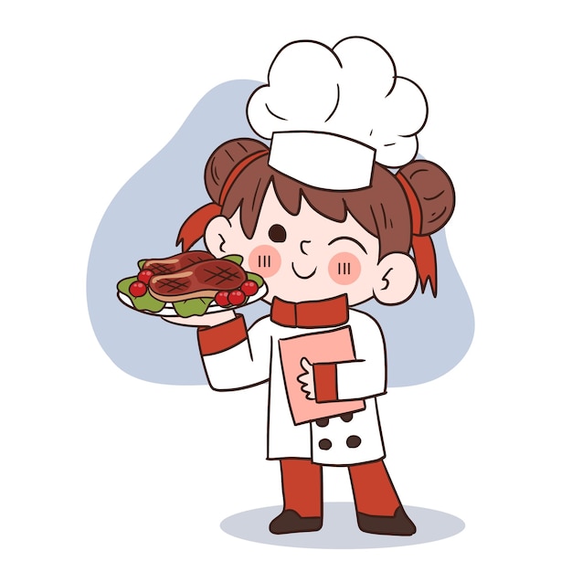 Linda jovem chef sorrindo e segurando uma ilustração de arte vetorial de bife de porco