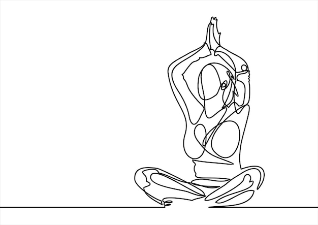 Linda jovem praticando ioga meditando em pose de lótus desenho de linha contínua