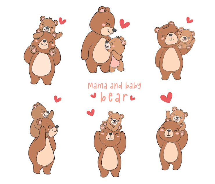 Vetor linda mãe ursa e bebê urso tendo um momento emocionante juntos coleção de ilustrações de desenhos animados dia das mães