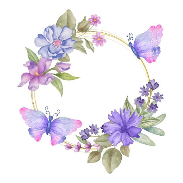 Linda moldura floral em aquarela pintada à mão com borboletas