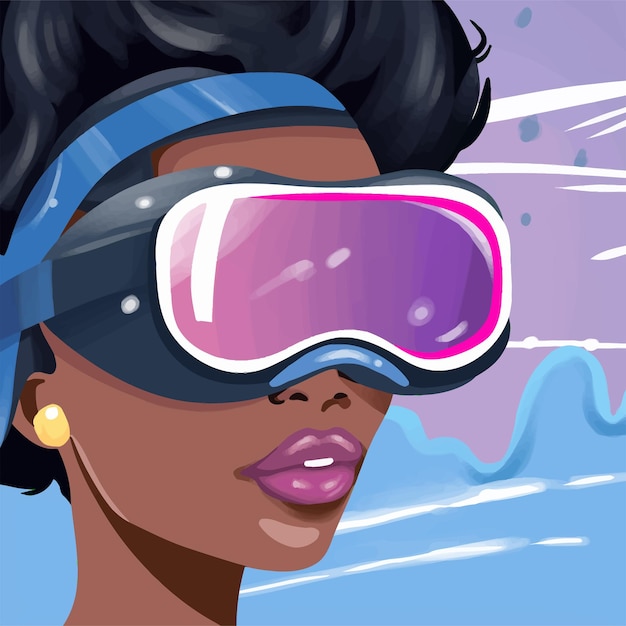 Linda mulher africana usando clipart de fundo do metaverso montado na cabeça vr