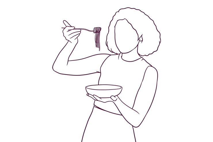 Vetor linda mulher comendo uma ilustração vetorial de estilo desenhado à mão de macarrão
