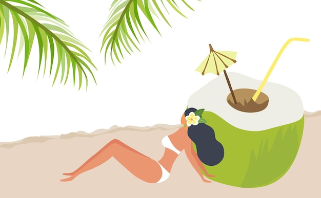 Vetor linda mulher de biquíni com frutas de coco na ilustração vetorial de praia olá férias de verão