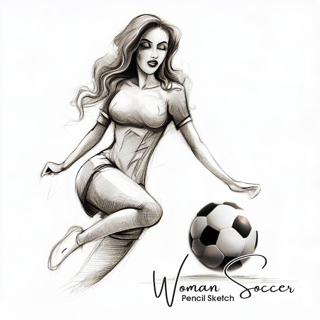 Linda mulher jogando futebol desenho a lápis