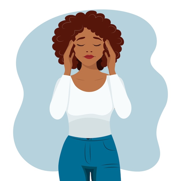 Linda mulher negra com dor de cabeça. enxaqueca. O conceito de medicina e saúde.