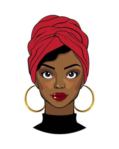 Linda mulher negra dos desenhos animados afro-americana usando envoltório de cabeça vermelha e brincos redondos ilustração de moda em fundo branco