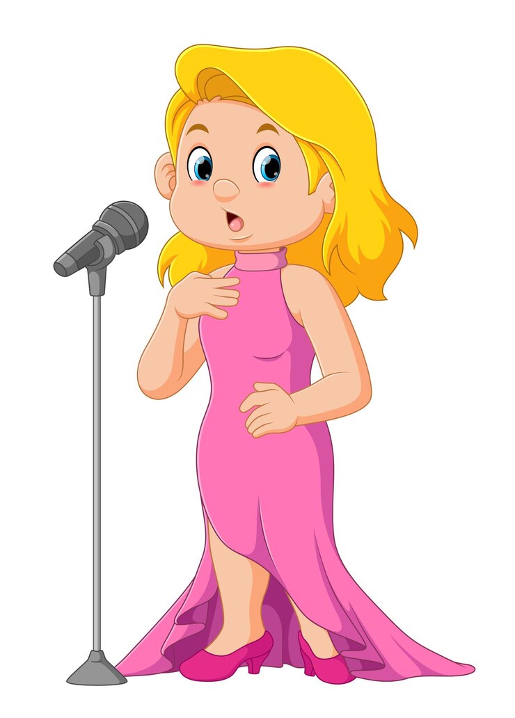 Linda mulher se apresentando com microfone Cantora em vestido de noite cantando desenho animado