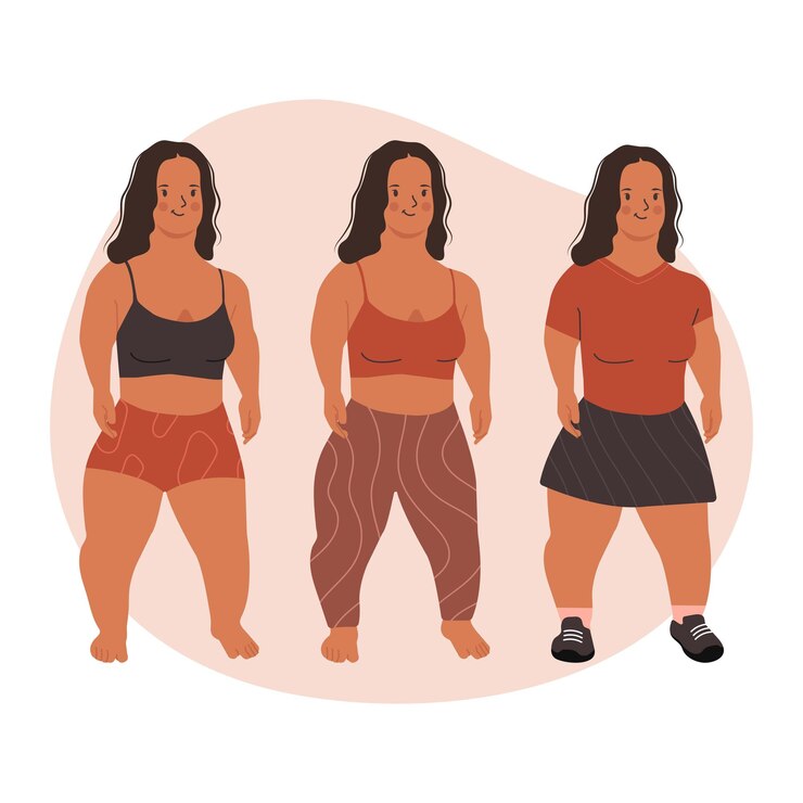 Vetor linda mulher subdimensionada isolada no fundo branco. personagem feminina em roupas diferentes.