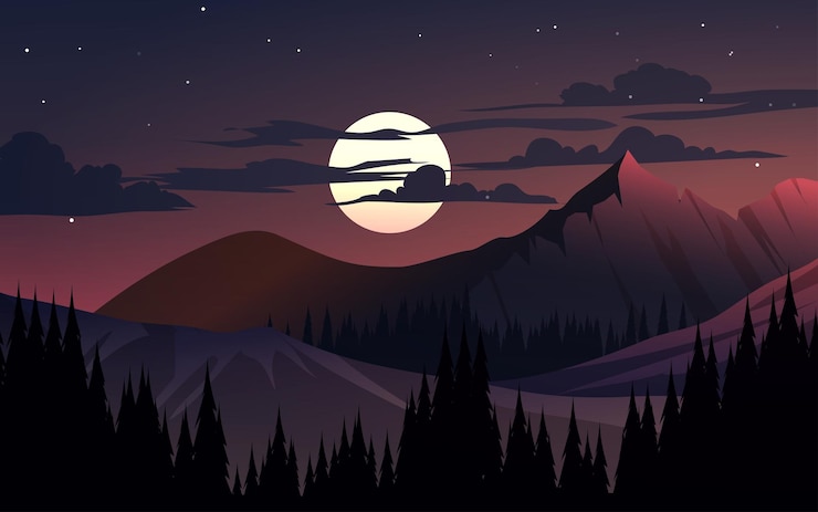 Vetor linda noite calma na montanha com luar