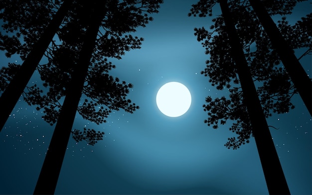 Linda noite em uma floresta de pinheiros com lua e céu cheio de estrelas