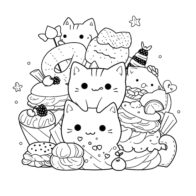 Desenho De Páginas Para Colorir Kawaii Fofas Esboço Vetor PNG