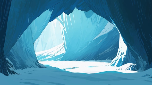 Linda paisagem de caverna congelada cheia de ilustração de pintura desenhada à mão de neve