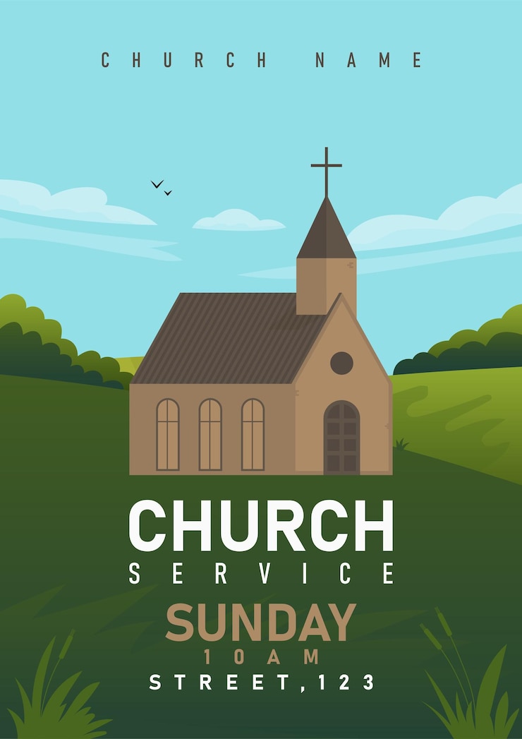 Vetor linda paisagem de montanhas e um cartaz de ilustração vetorial de igreja escandinava