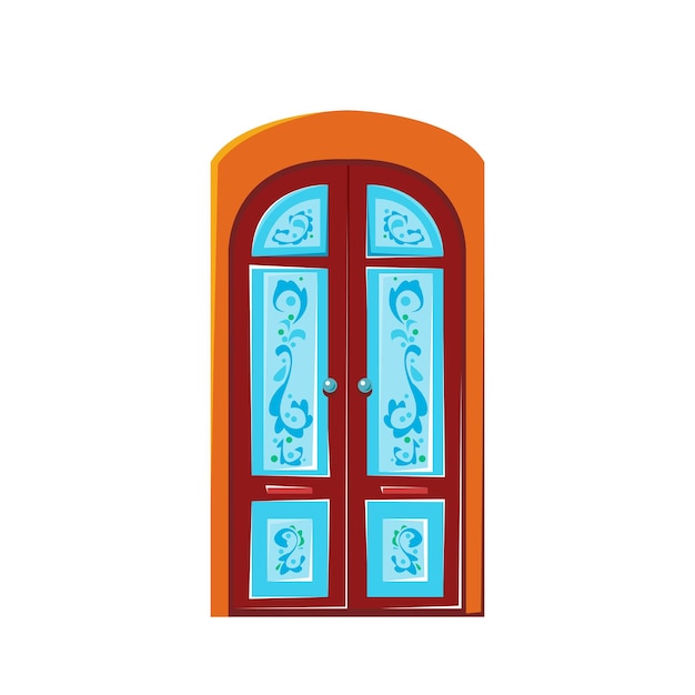 Linda porta de madeira com vitral azul. ilustração vetorial no estilo cartoon para crianças.