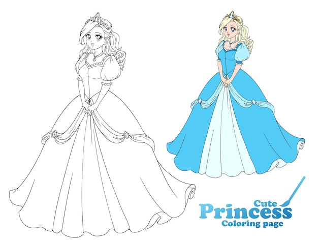 Linda princesa de anime em pé e usando um lindo vestido de baile. mão-extraídas ilustração vetorial para livro de colorir, jogo, boneca de papel, pôster, camisa, design de cartão.