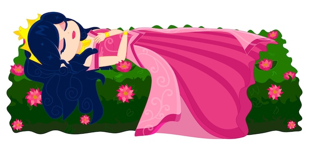Linda princesa de vestido rosa dormindo no colchão de flores