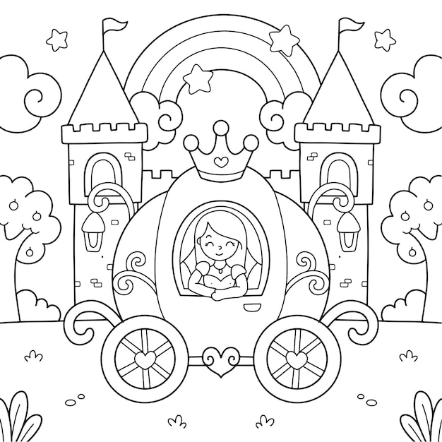 Linda princesa no castelo da carruagem para colorir ilustração da página