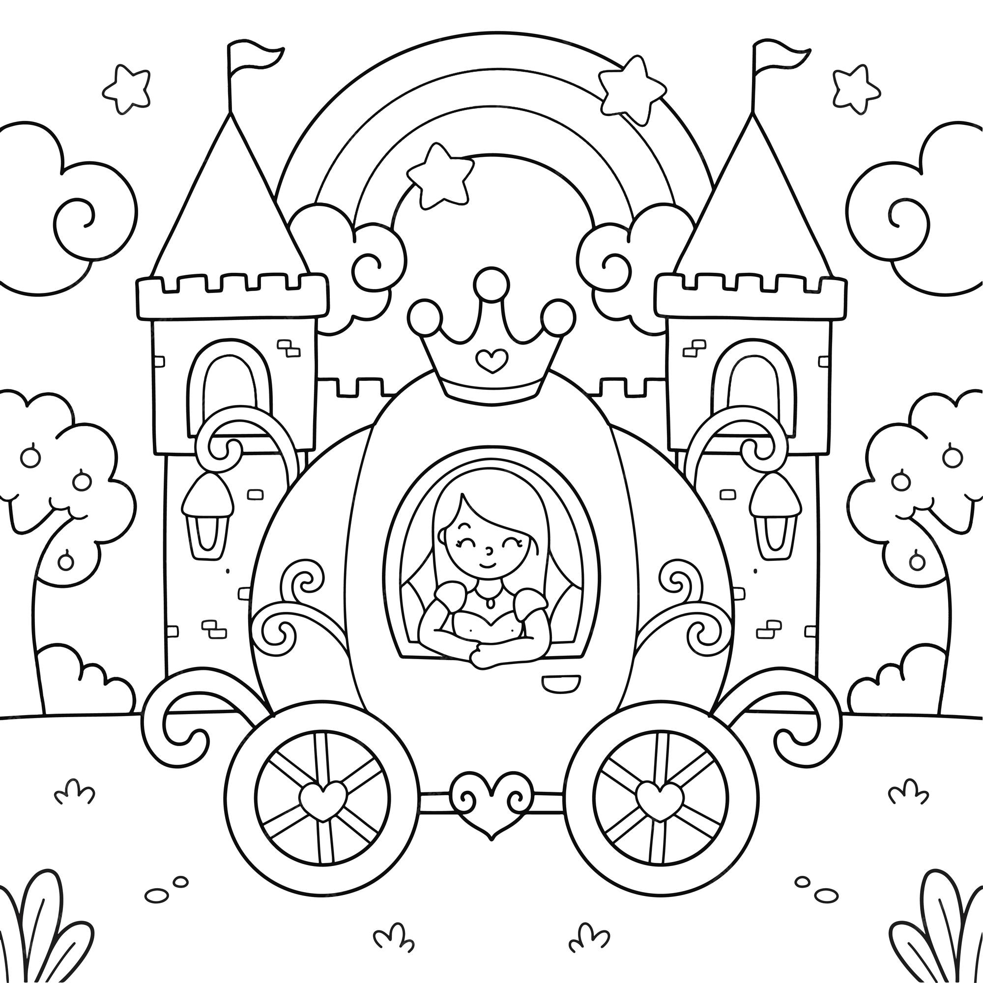 Desenho de carruagem de princesa e castelo para colorir e imprimir