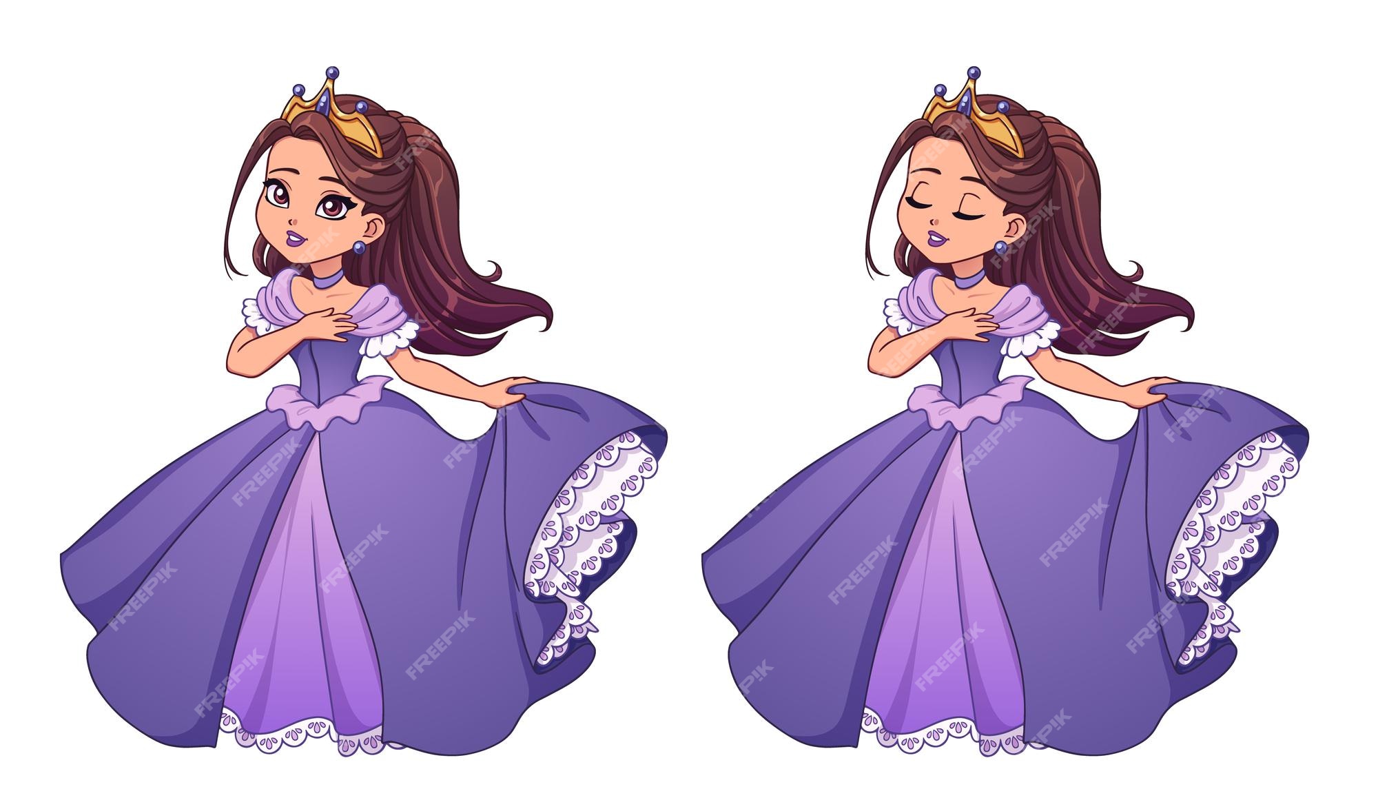 Linda princesinha com cabelo castanho e pele bronzeada, usando um vestido  de baile violeta. cabeça grande de desenho animado. versões de olhos  abertos e fechados. mão-extraídas ilustração vetorial para impressões,  cartões, jogo