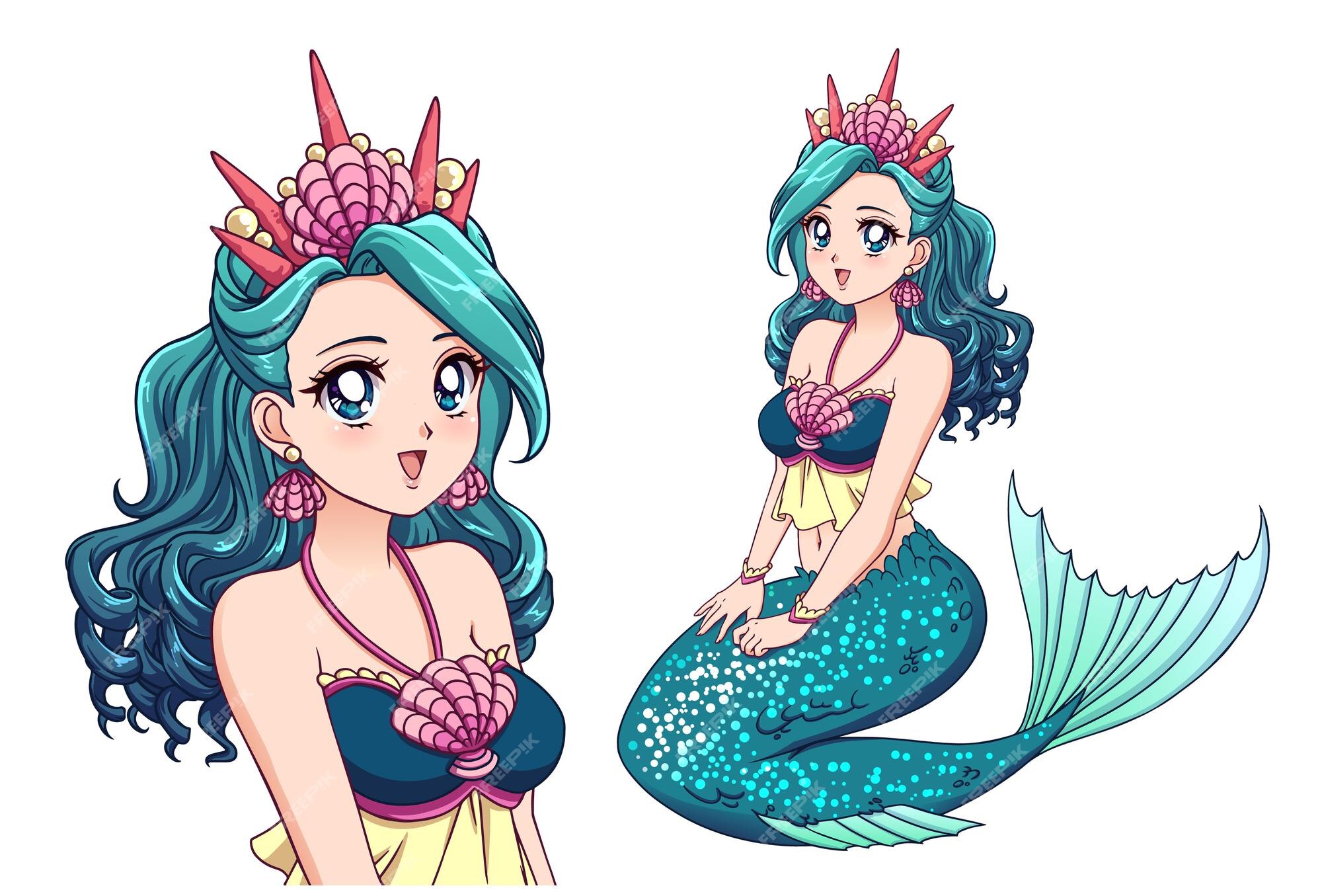 Linda sereia com cabelo encaracolado ciano e cauda de peixe ciano brilhante  e usando coroa de concha. estilo retro do anime.