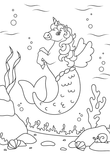 Desenho de uma linda sereia de unicórnio para colorir