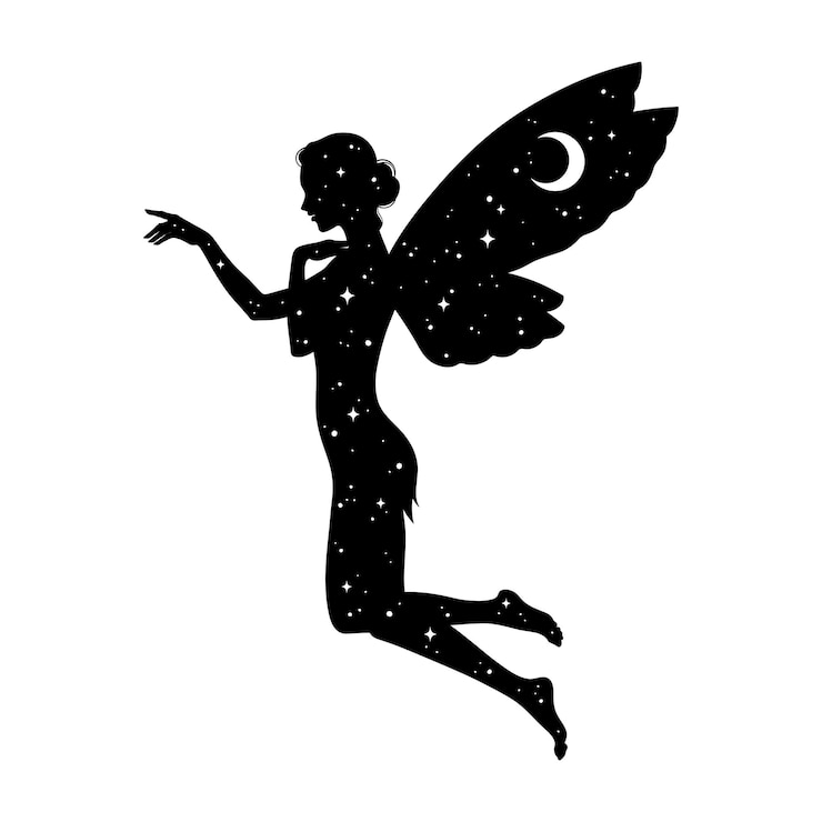 Vetor linda silhueta de fada com lua crescente e estrelas no perfil isolado adesivo de tatuagem boho chic ou ilustração vetorial de design de impressão