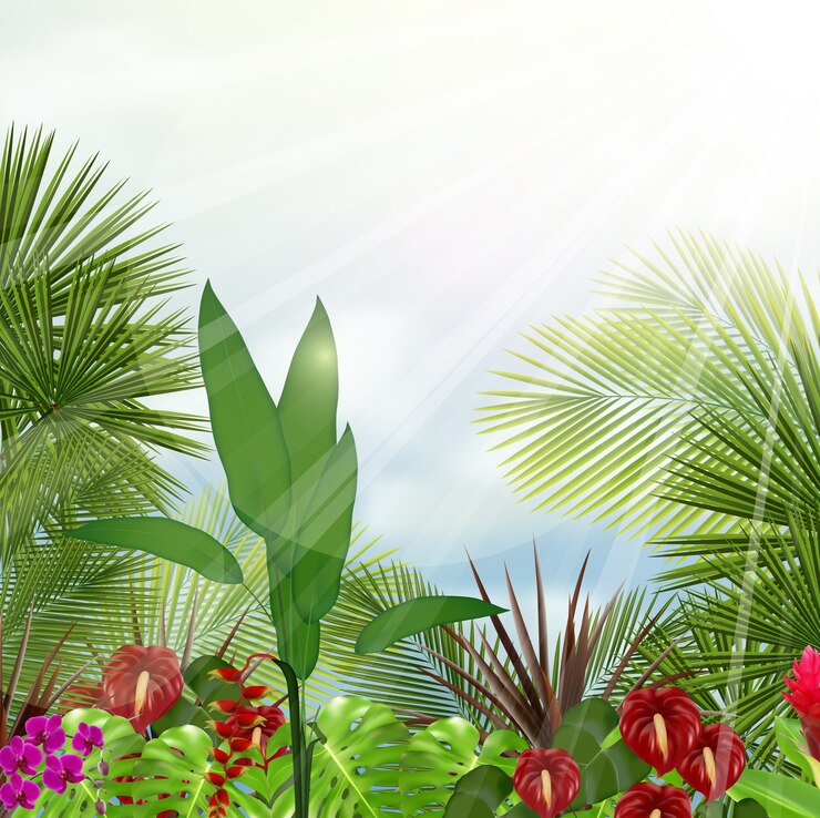 Vetor linda tropical de manhã com uma árvore e flores