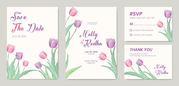 Linda tulipa rosa e roxa modelo de convite de casamento dupla face vetor premium