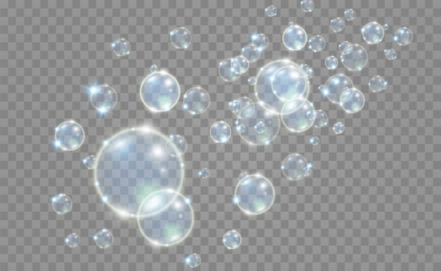 Lindas bolhas brancas em um fundo transparente. bolhas de sabão.