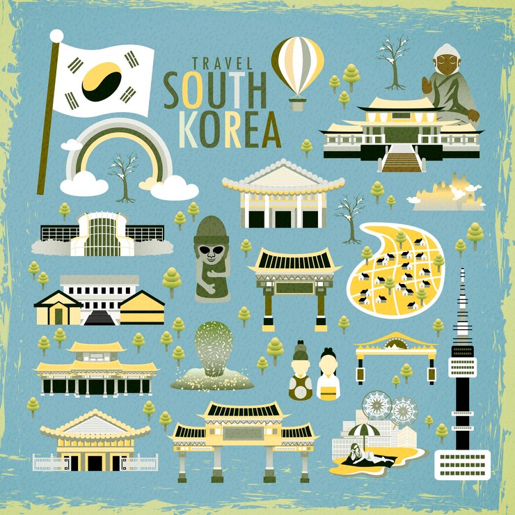 Vetor lindas coleções de conceito de viagens para a coreia do sul em design plano