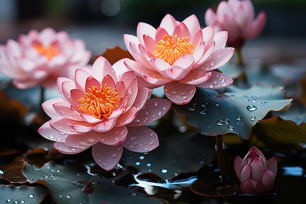 Lindas flores de lótus com folhas grandes